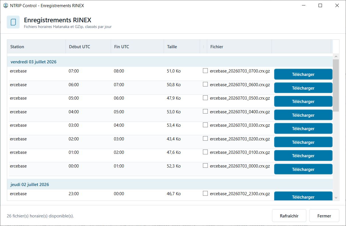 Liste des fichiers RINEX disponibles pour le post-traitement