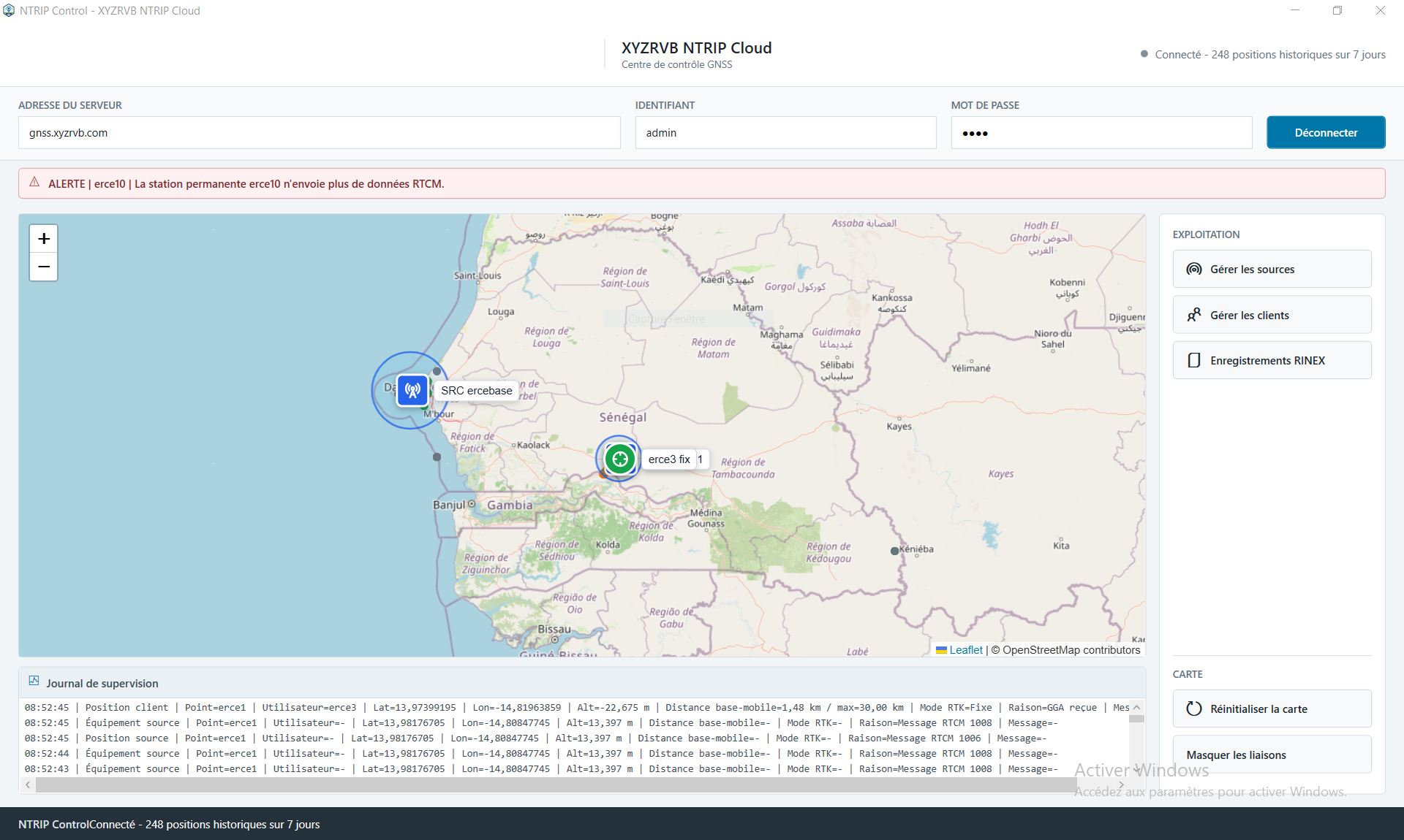 Vue générale de NTRIP Control avec carte, sources, rovers et événements